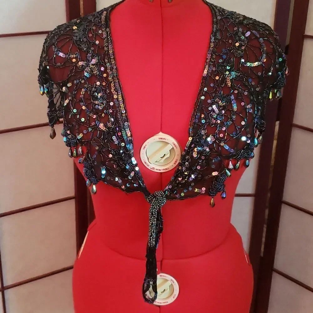 Bedazzled Black Mesh Sequins & Beaded Designer Shawl